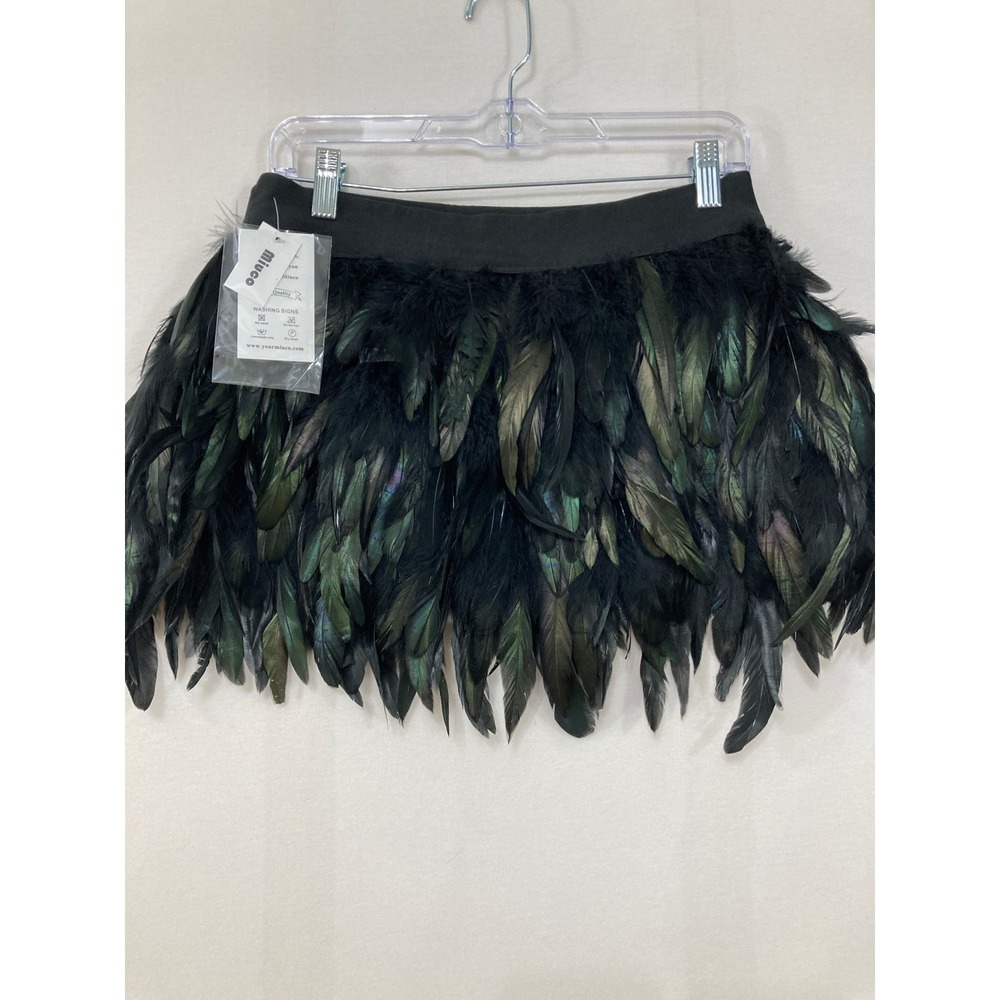 New Feather Mini Skirt XL Black Iridescent Party Festival Halloween Pull-on